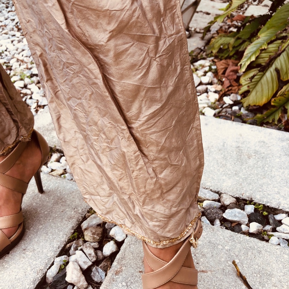 Base Sequined Beige Silk Drawstring Pants Sz S New - image 4